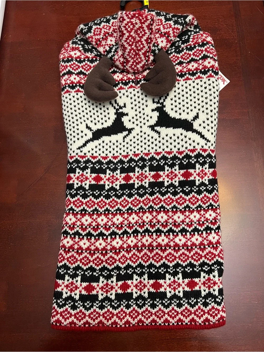 Telluride Heavy Knit Dog Sweater with Antler Hood - Red & White